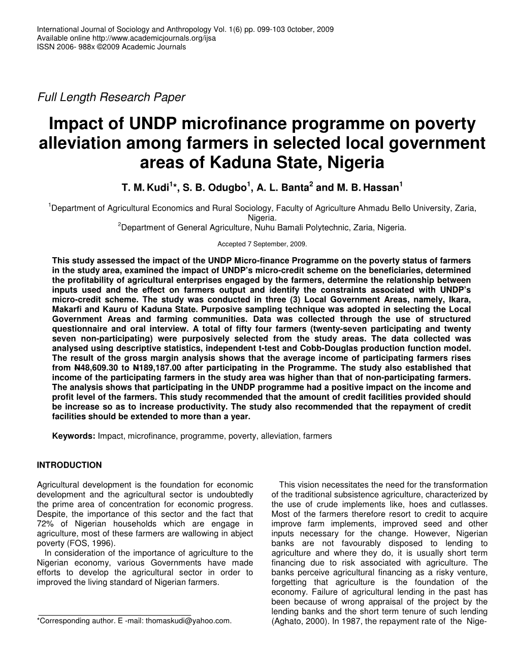 Impact of UNDP Microfinance Programme on Poverty Alleviation Among Farmers in Selected Local Government Areas of Kaduna State, Nigeria