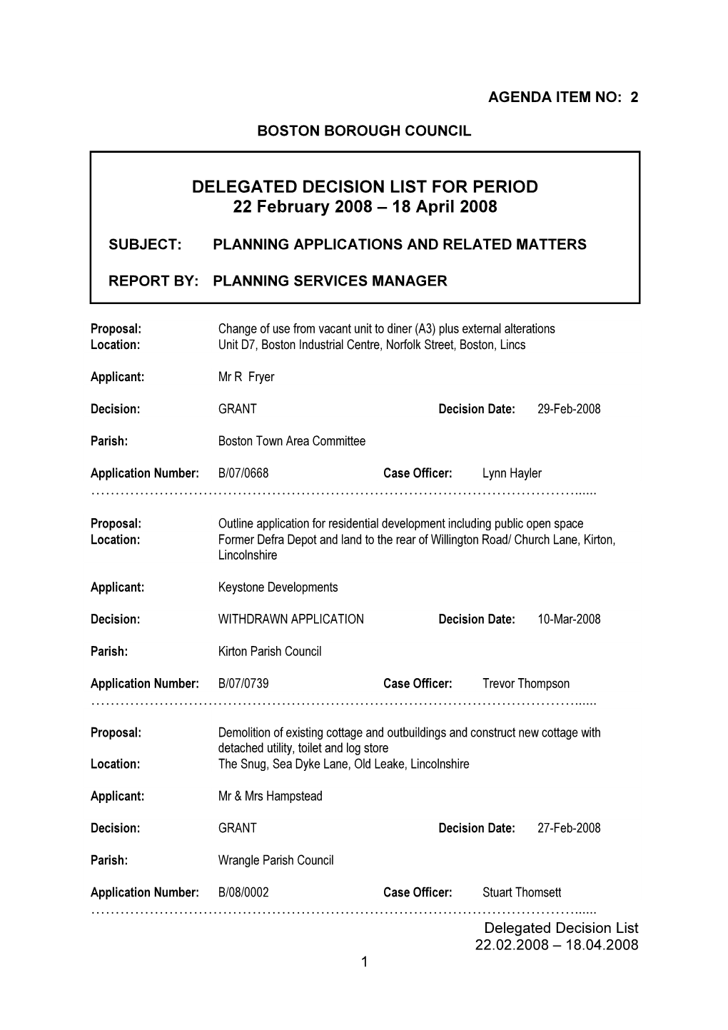 DELEGATED DECISION LIST for PERIOD 22 February 2008 – 18 April 2008