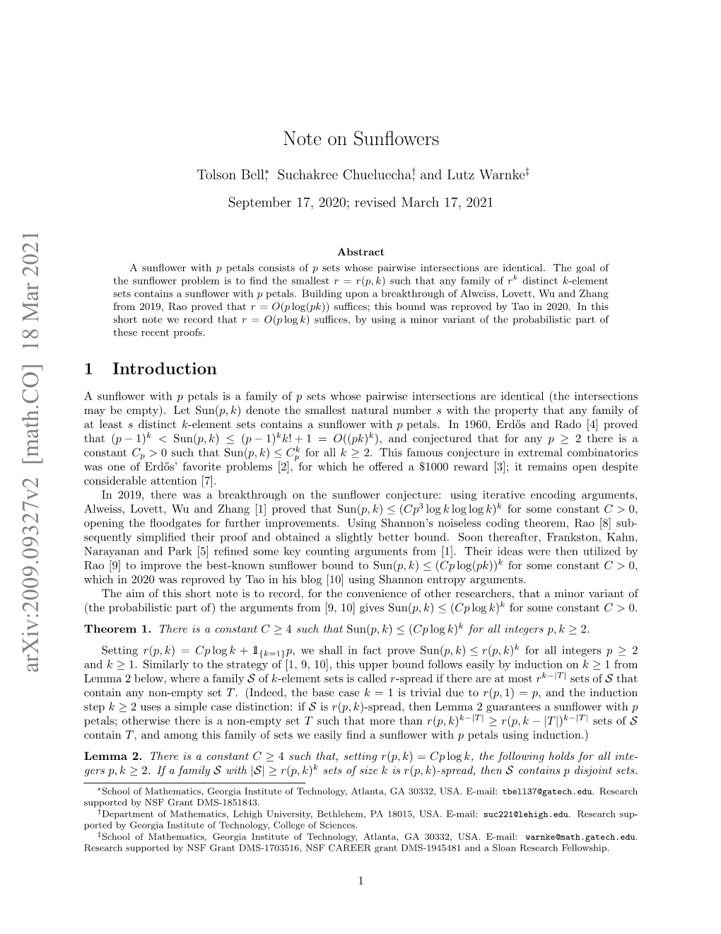 Arxiv:2009.09327V2 [Math.CO] 18 Mar 2021