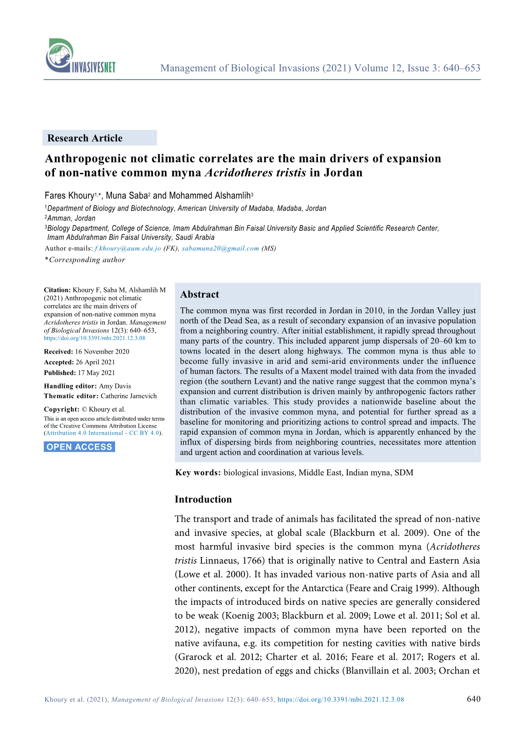 Anthropogenic Not Climatic Correlates Are the Main Drivers of Expansion of Non-Native Common Myna Acridotheres Tristis in Jordan