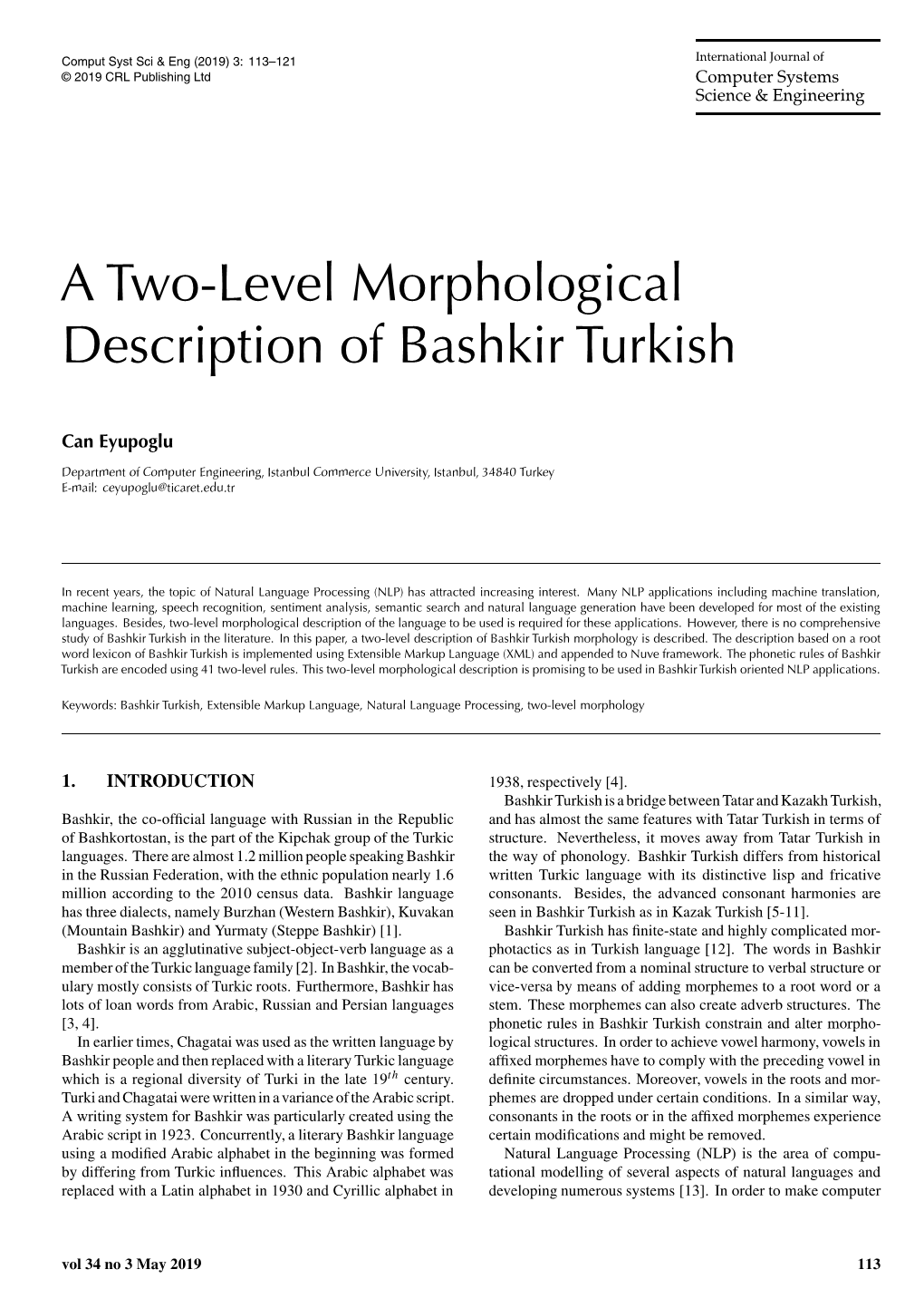 A Two-Level Morphological Description of Bashkir Turkish