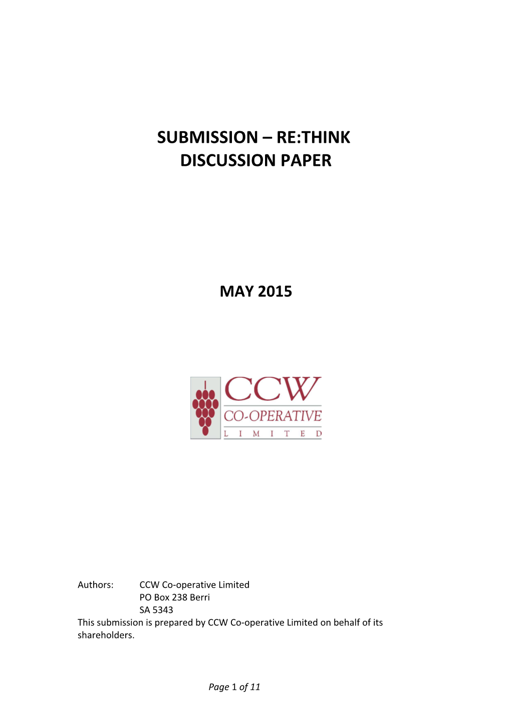 CCW Co-Operative Limited - Submission to the Tax Discussion Paper