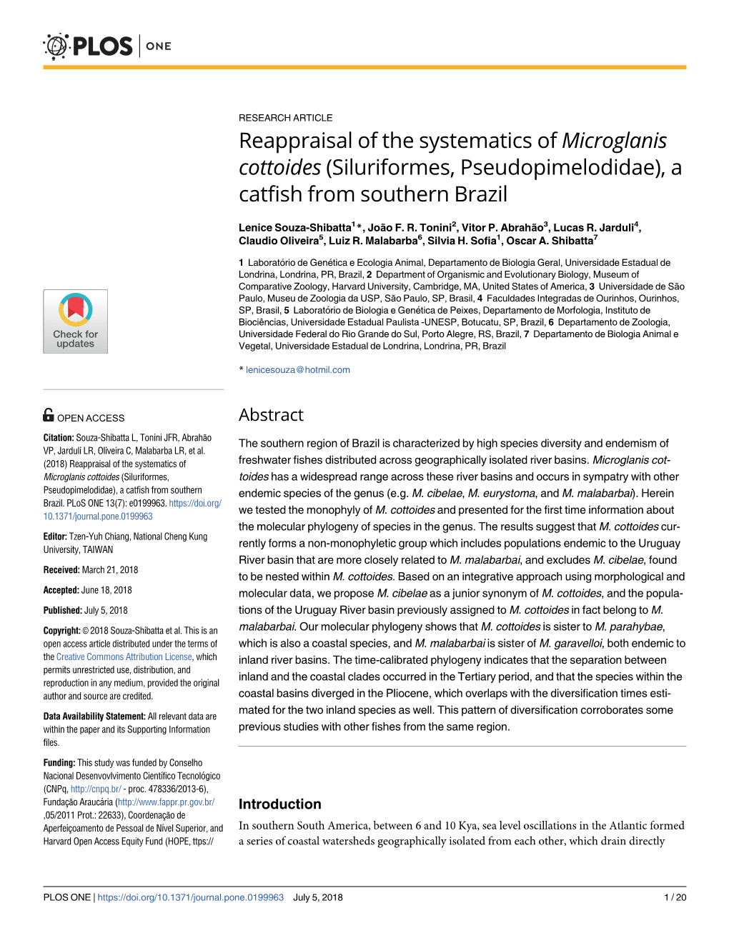 Reappraisal of the Systematics of Microglanis Cottoides (Siluriformes, Pseudopimelodidae), a Catfish from Southern Brazil