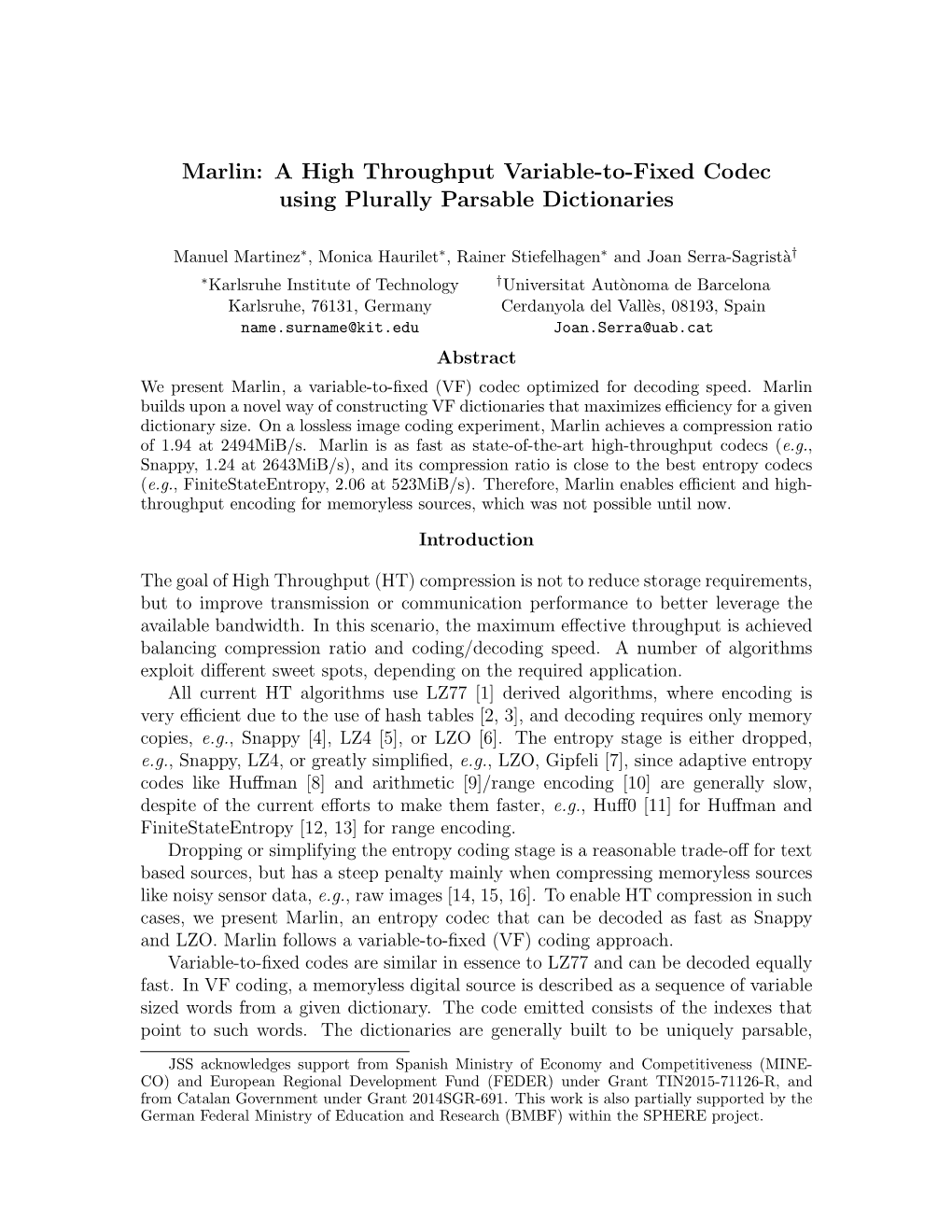 Marlin: a High Throughput Variable-To-Fixed Codec Using Plurally Parsable Dictionaries