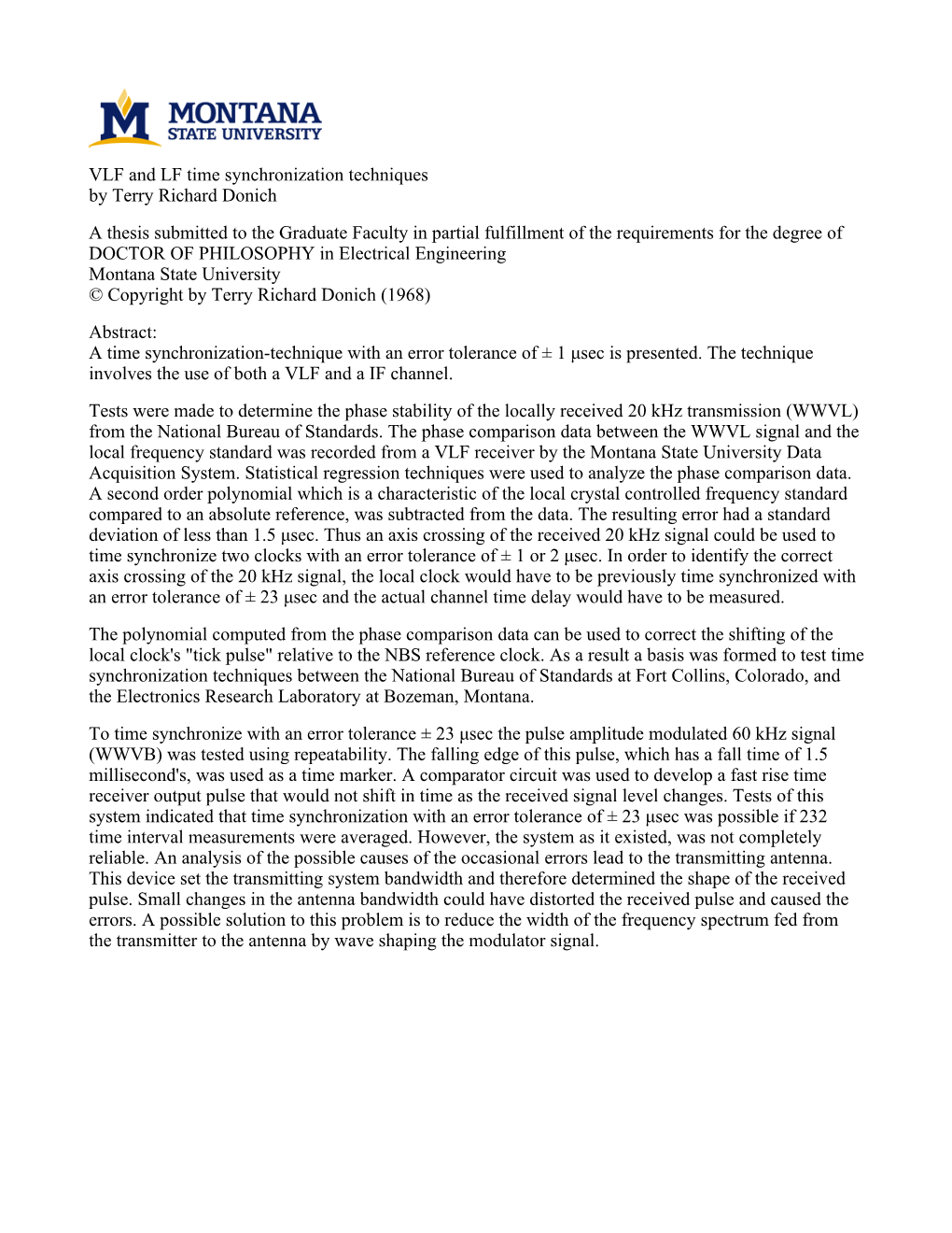 VLF and LF Time Synchronization Techniques by Terry Richard Donich