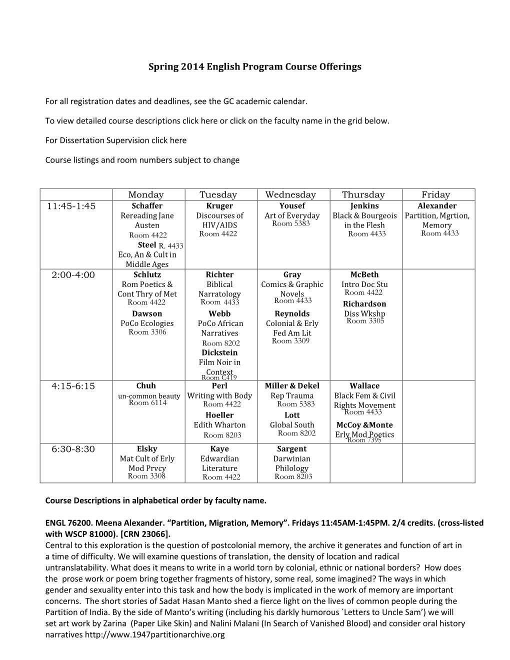 Spring 2014 English Program Course Offerings