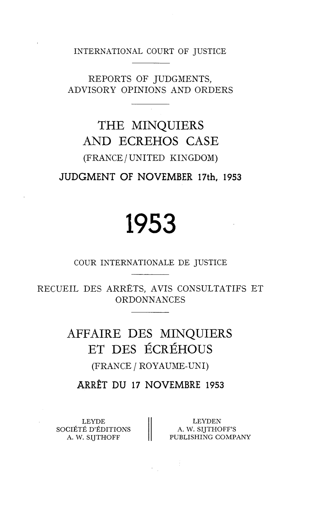 THE MINQUIERS and ECREHOS CASE (FRANCE / UNITED KINGDOM) JUDGMENT of NOVEMBER 17Th, 1953