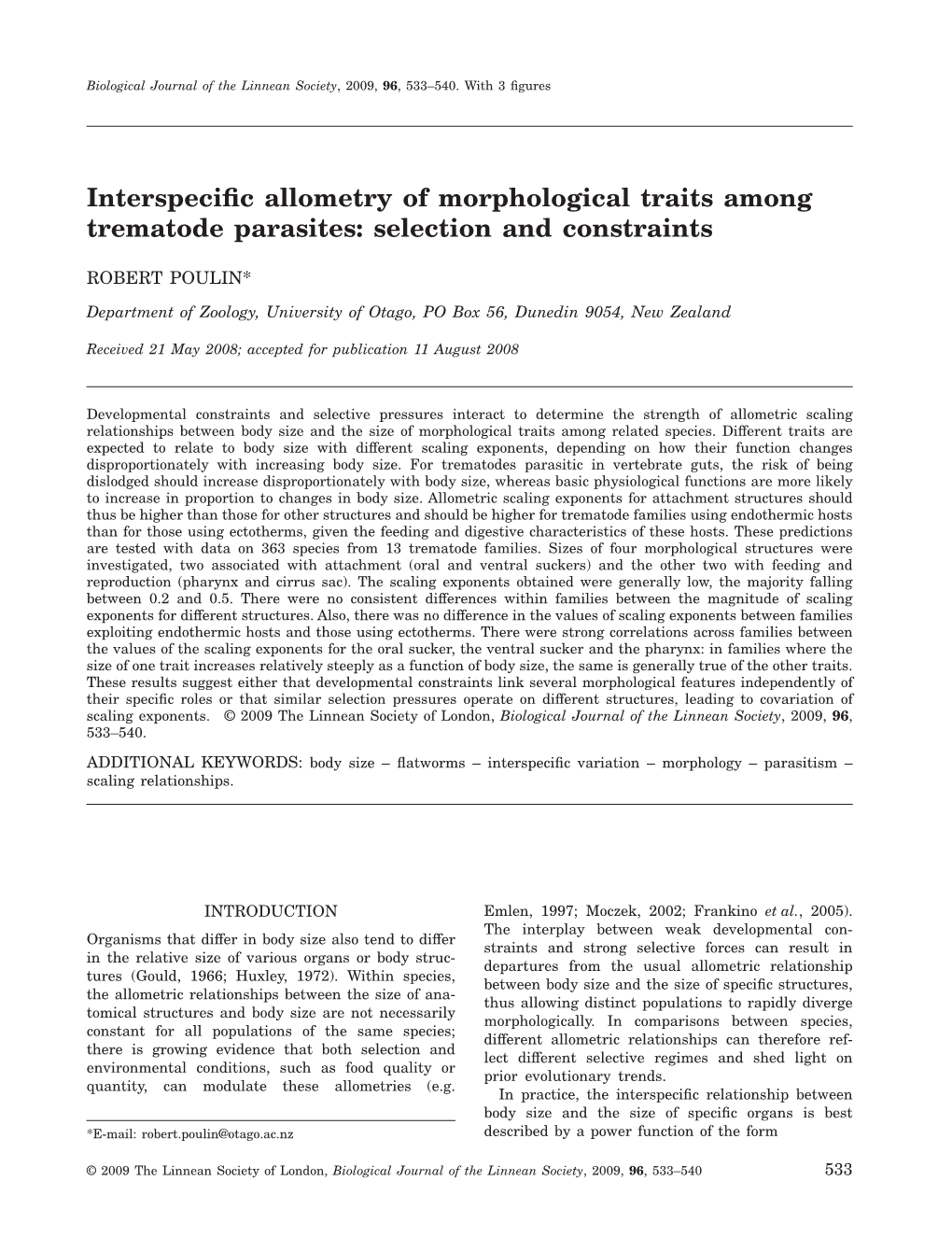 Interspecific Allometry of Morphological Traits Among