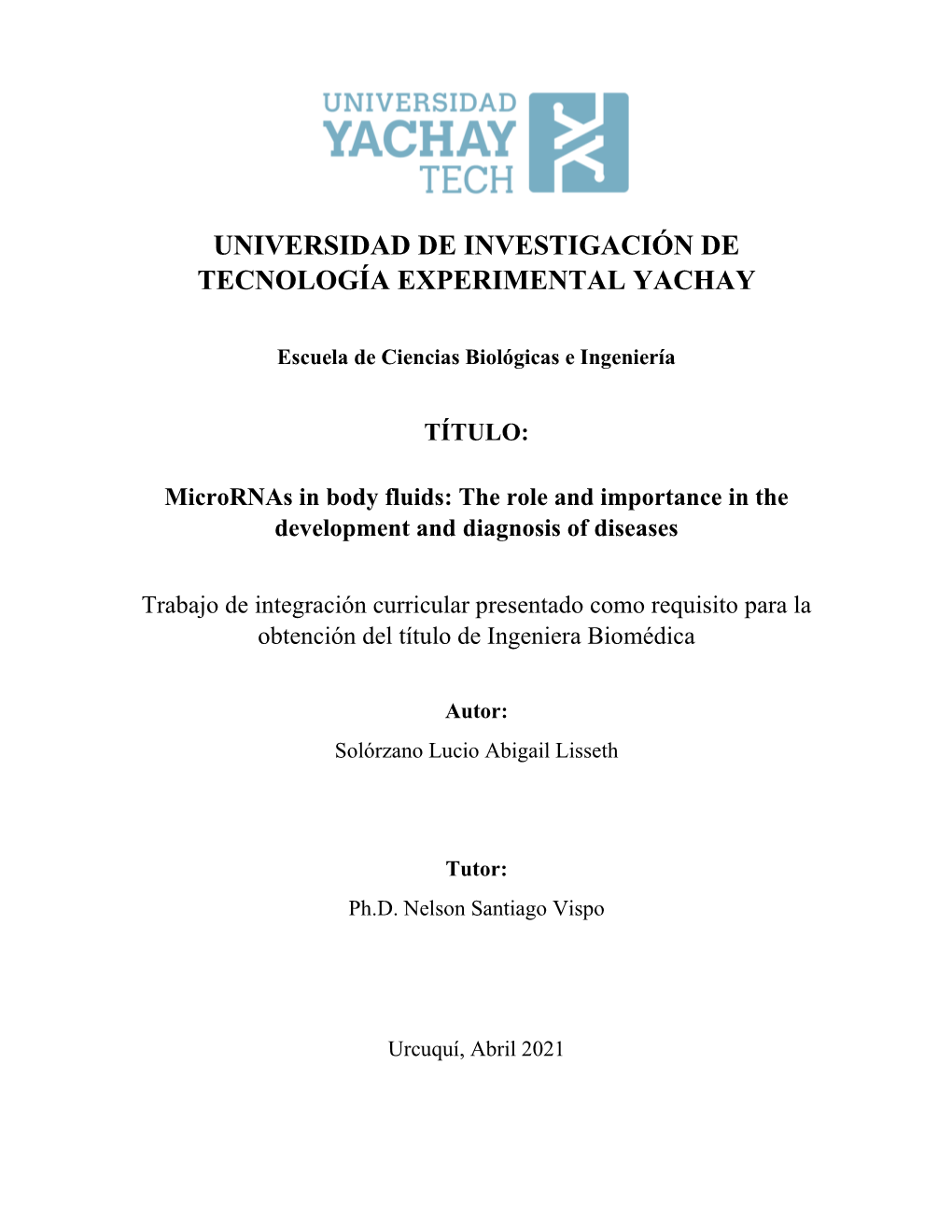 Universidad De Investigación De Tecnología Experimental Yachay