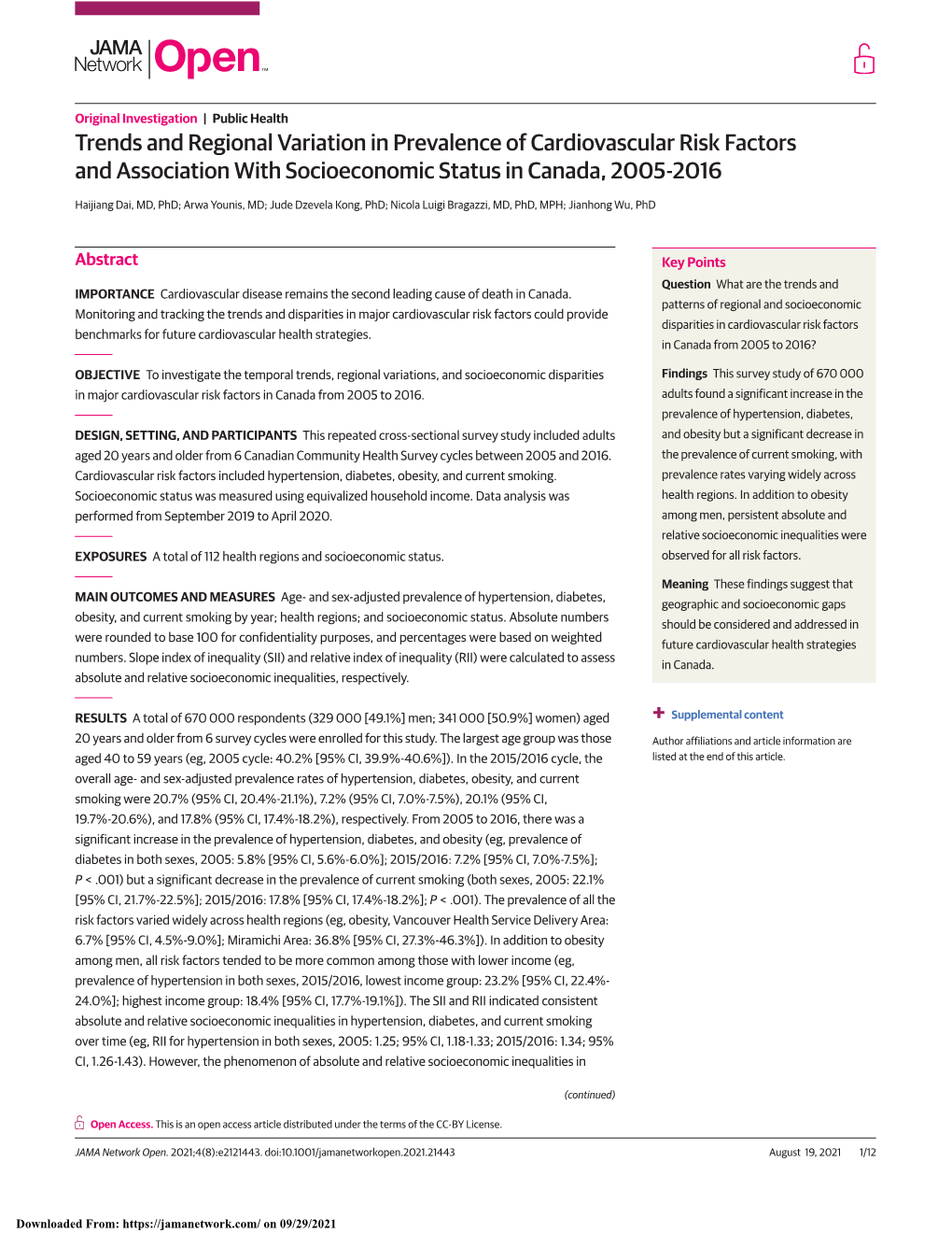 Trends and Regional Variation in Prevalence of Cardiovascular Risk Factors and Association with Socioeconomic Status in Canada, 2005-2016