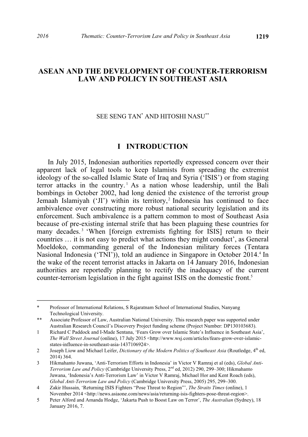 Asean and the Development of Counter-Terrorism Law and Policy in Southeast Asia