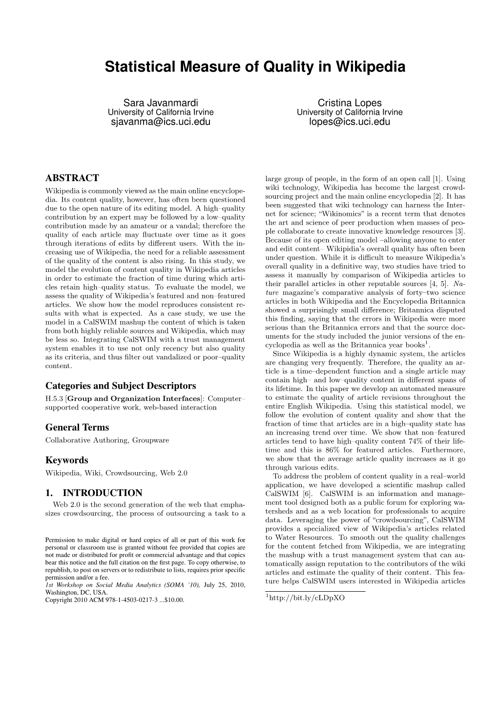 Statistical Measure of Quality in Wikipedia