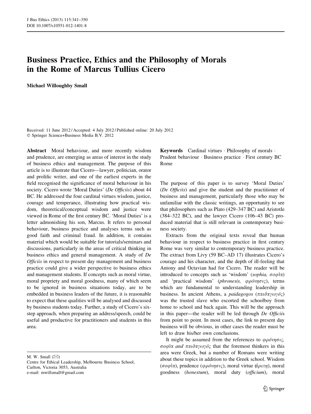 Business Practice, Ethics and the Philosophy of Morals in the Rome of Marcus Tullius Cicero