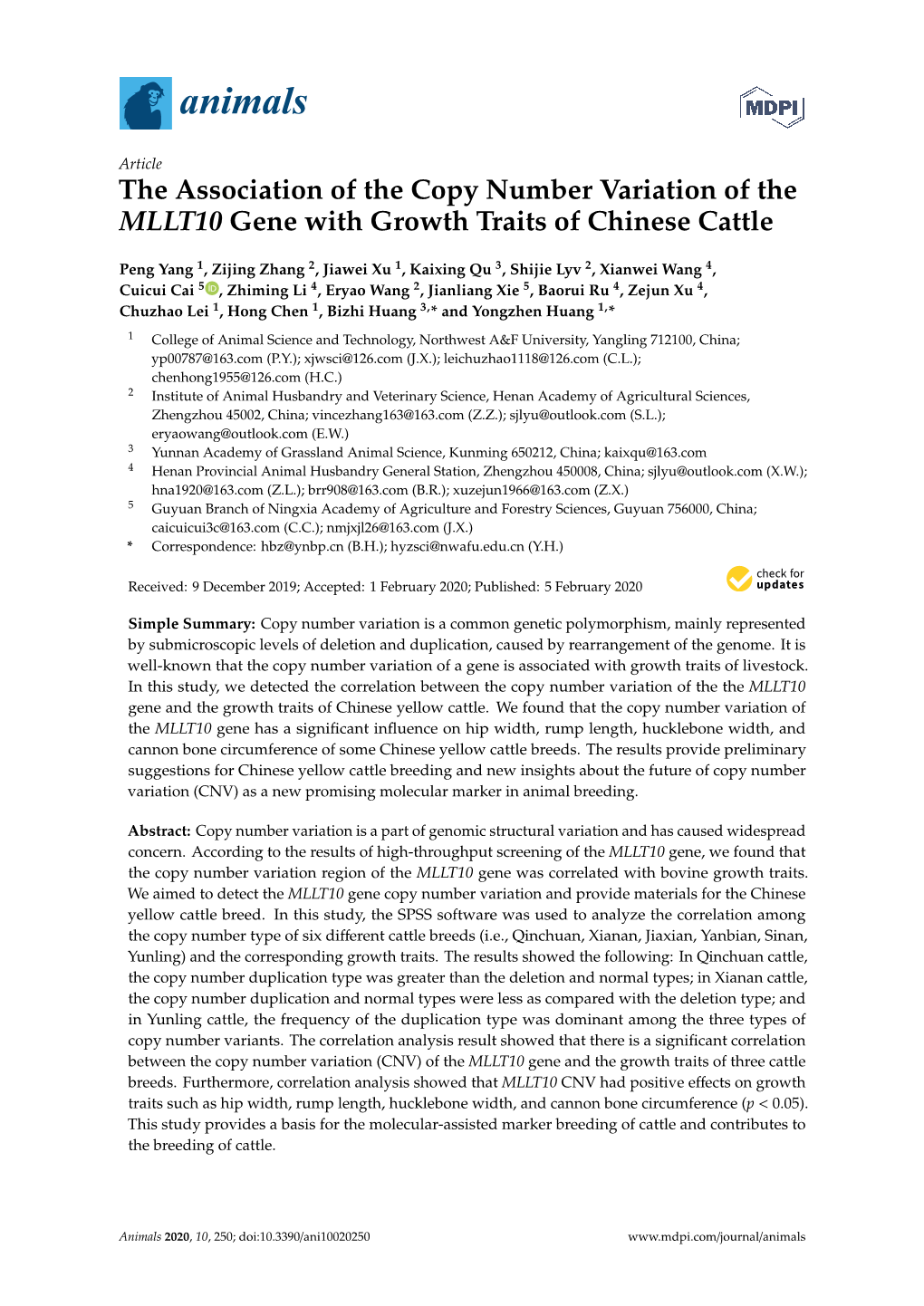 The Association of the Copy Number Variation of the MLLT10 Gene with Growth Traits of Chinese Cattle
