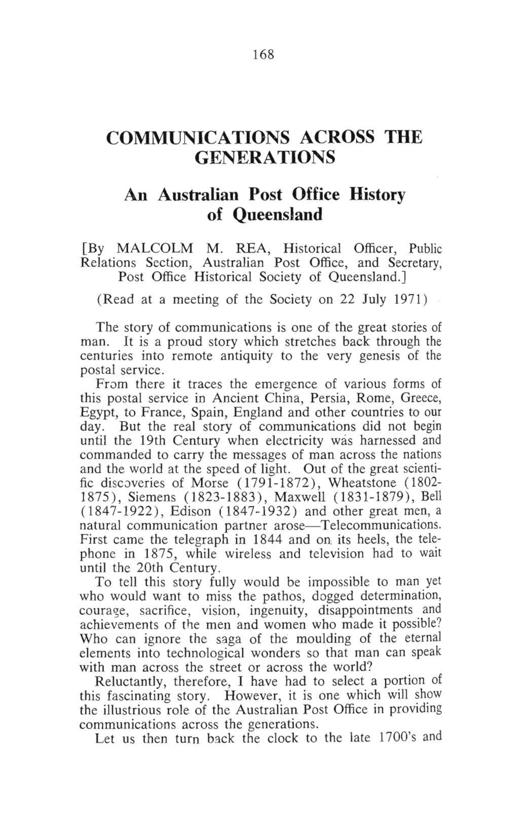 COMMUNICATIONS ACROSS the GENERATIONS an Australian Post Office History of Queensland