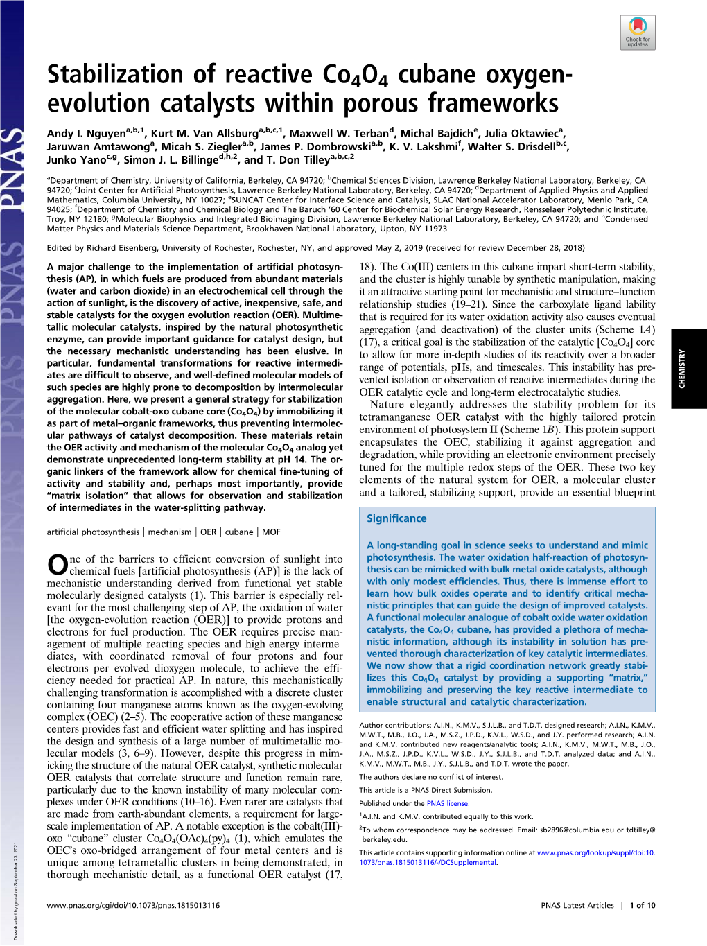 Stabilization of Reactive Co4o4 Cubane Oxygen- Evolution Catalysts Within Porous Frameworks