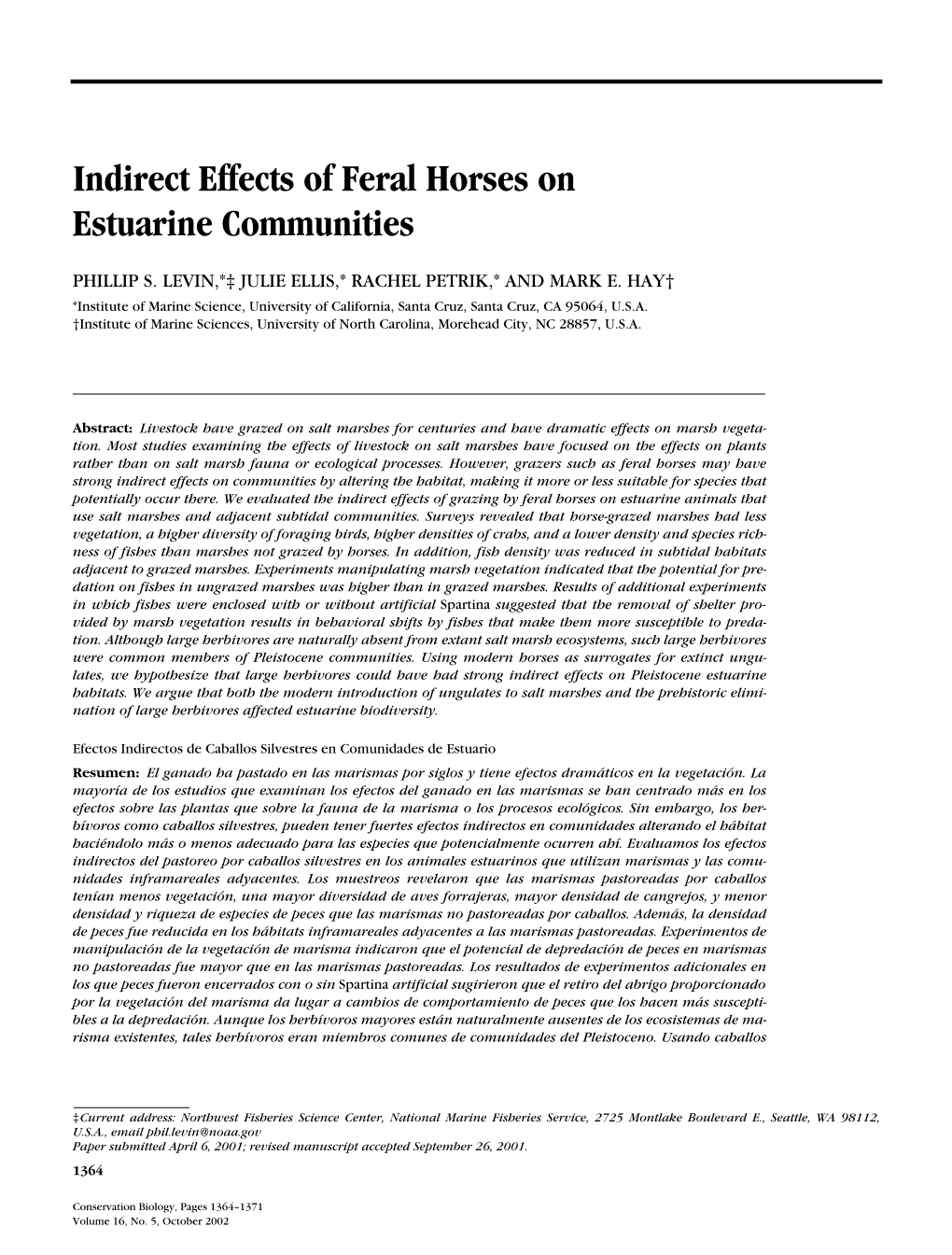 Indirect Effects of Feral Horses on Estuarine Communities