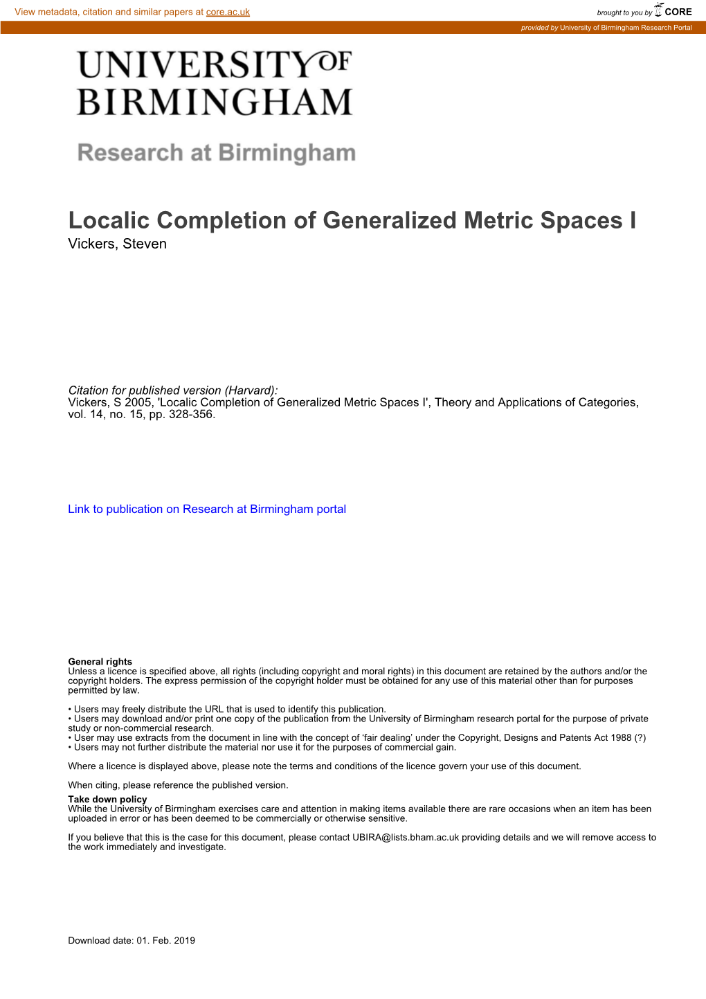 Localic Completion of Generalized Metric Spaces I Vickers, Steven