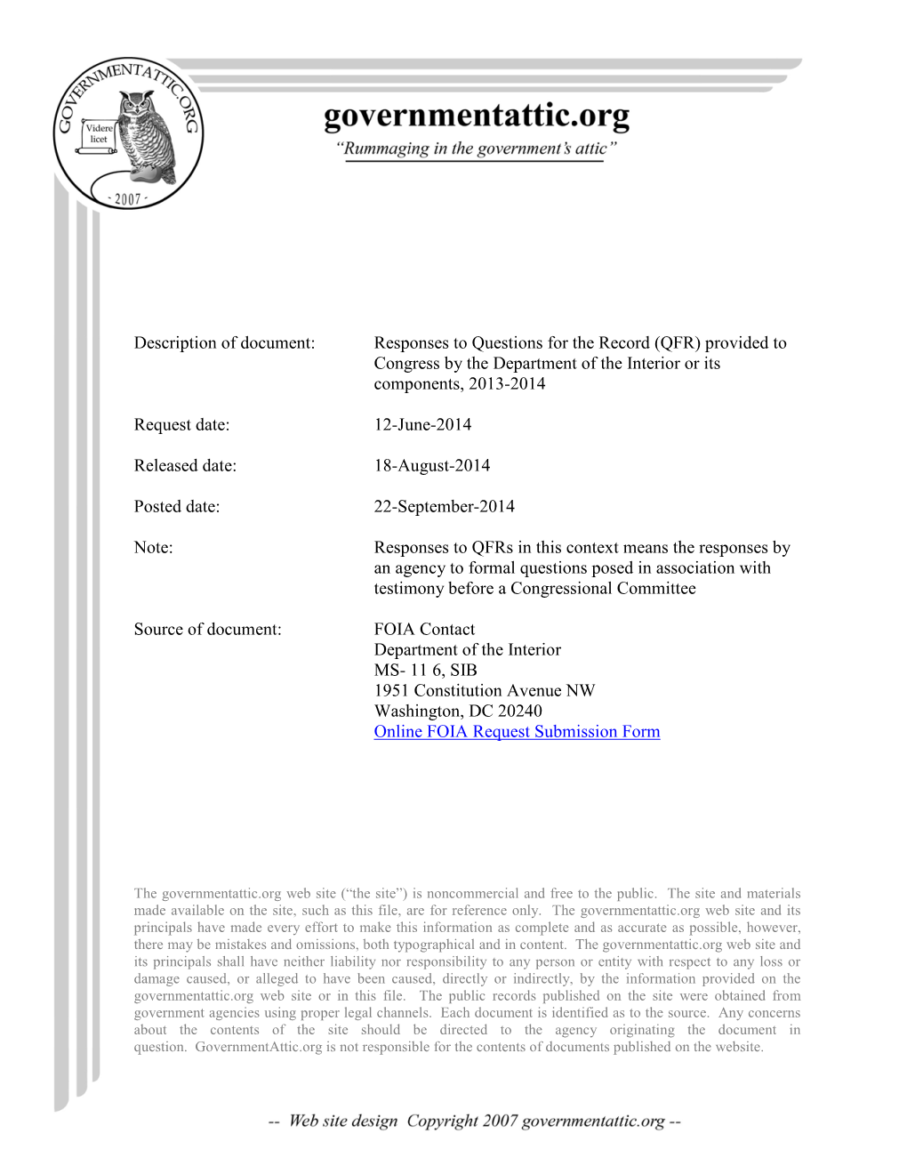 Responses to Questions for the Record (QFR) Provided to Congress by the Department of the Interior Or Its Components, 2013-2014