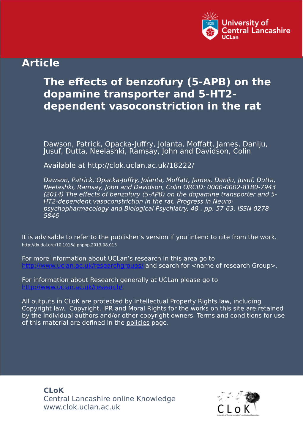The Effects of Benzofury (5-APB) on the Dopamine Transporter and 5-HT2- Dependent Vasoconstriction in the Rat