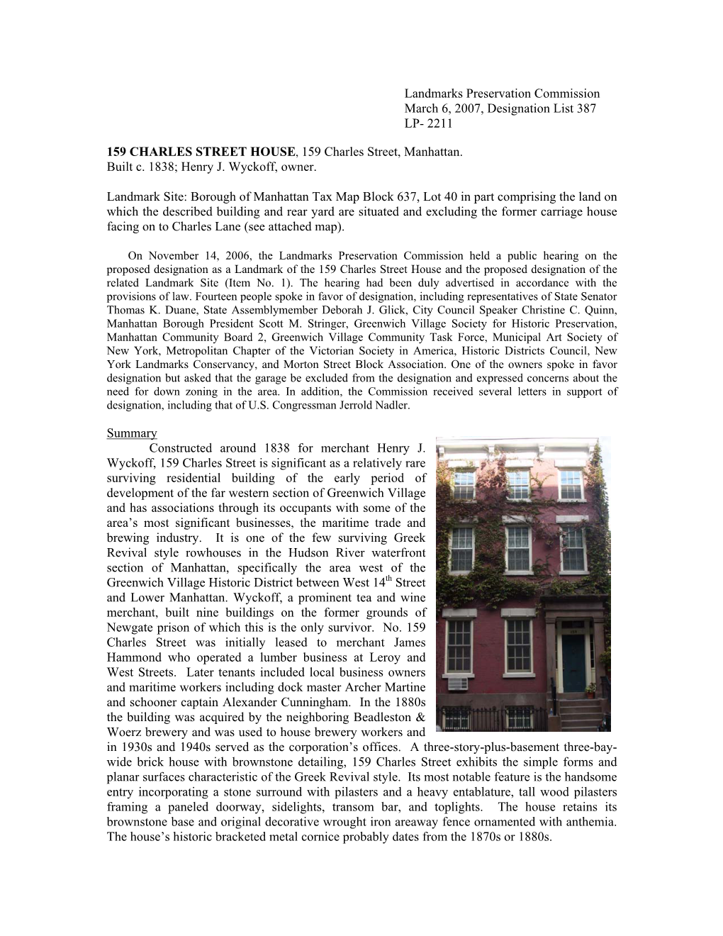 Landmarks Preservation Commission March 6, 2007, Designation List 387 LP- 2211