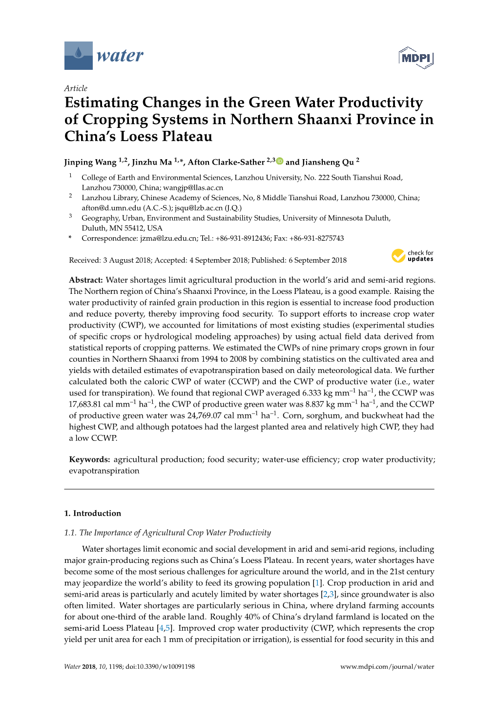 Estimating Changes in the Green Water Productivity of Cropping Systems in Northern Shaanxi Province in China’S Loess Plateau