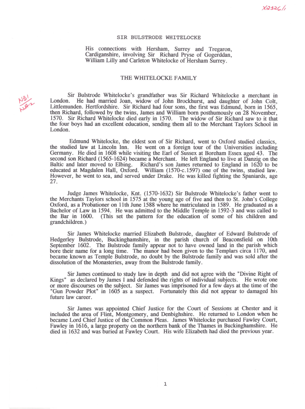 His Connections with Hersham, Surrey and Tregaron, Cardiganshire, Involving Sir Richard Pryse of Gogerddan, William Lilly and Carleton Whitelocke of Hersham Surrey