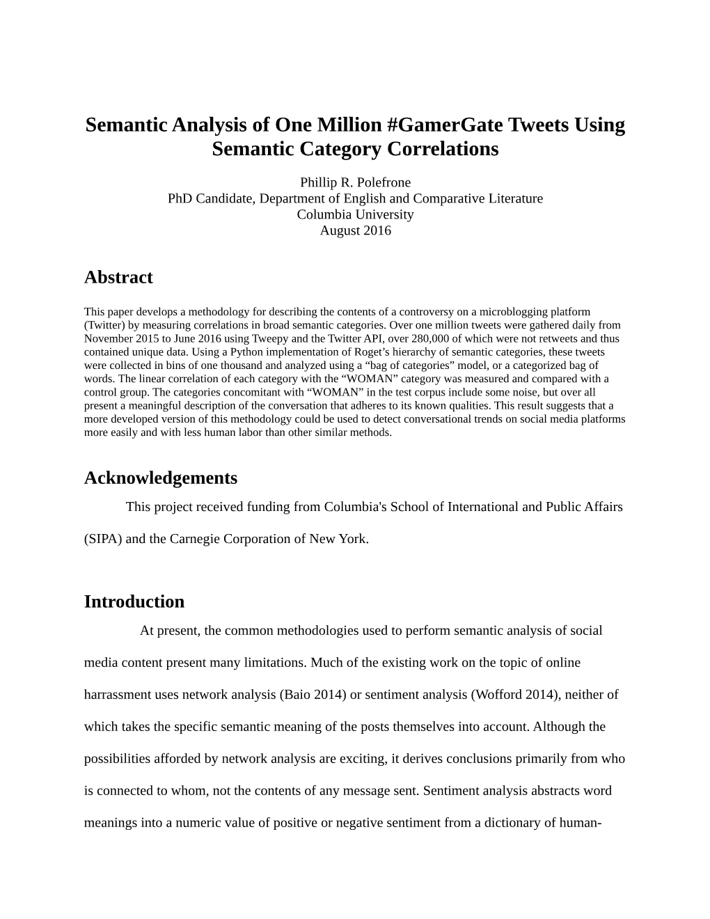 Semantic Analysis of One Million #Gamergate Tweets Using Semantic Category Correlations