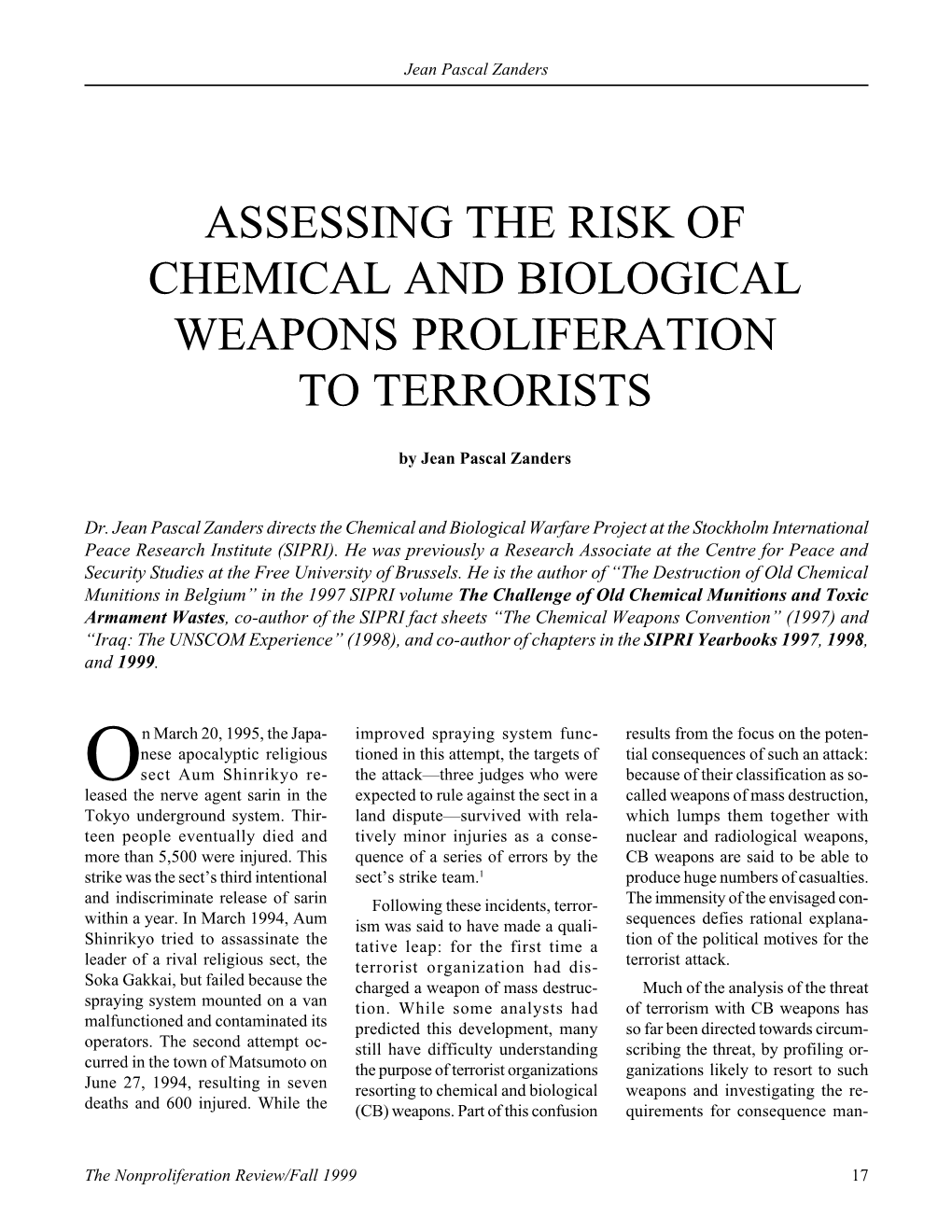 Npr 6.4: Assessing the Risk of Chemical and Biological Weapons Proliferation to Terrorists