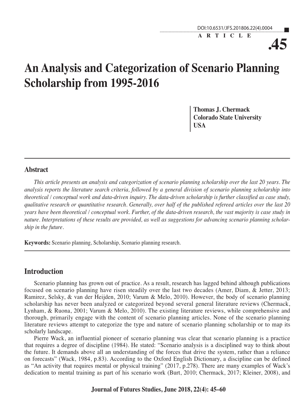 An Analysis and Categorization of Scenario Planning Scholarship from 1995-2016