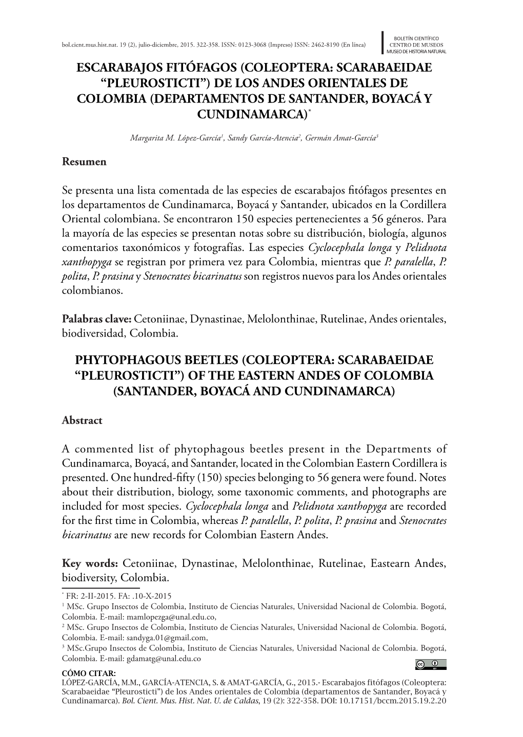 Escarabajos Fitófagos (Coleoptera: Scarabaeidae “Pleurosticti”) De Los Andes Orientales De Colombia (Departamentos De Santander, Boyacá Y Cundinamarca)*