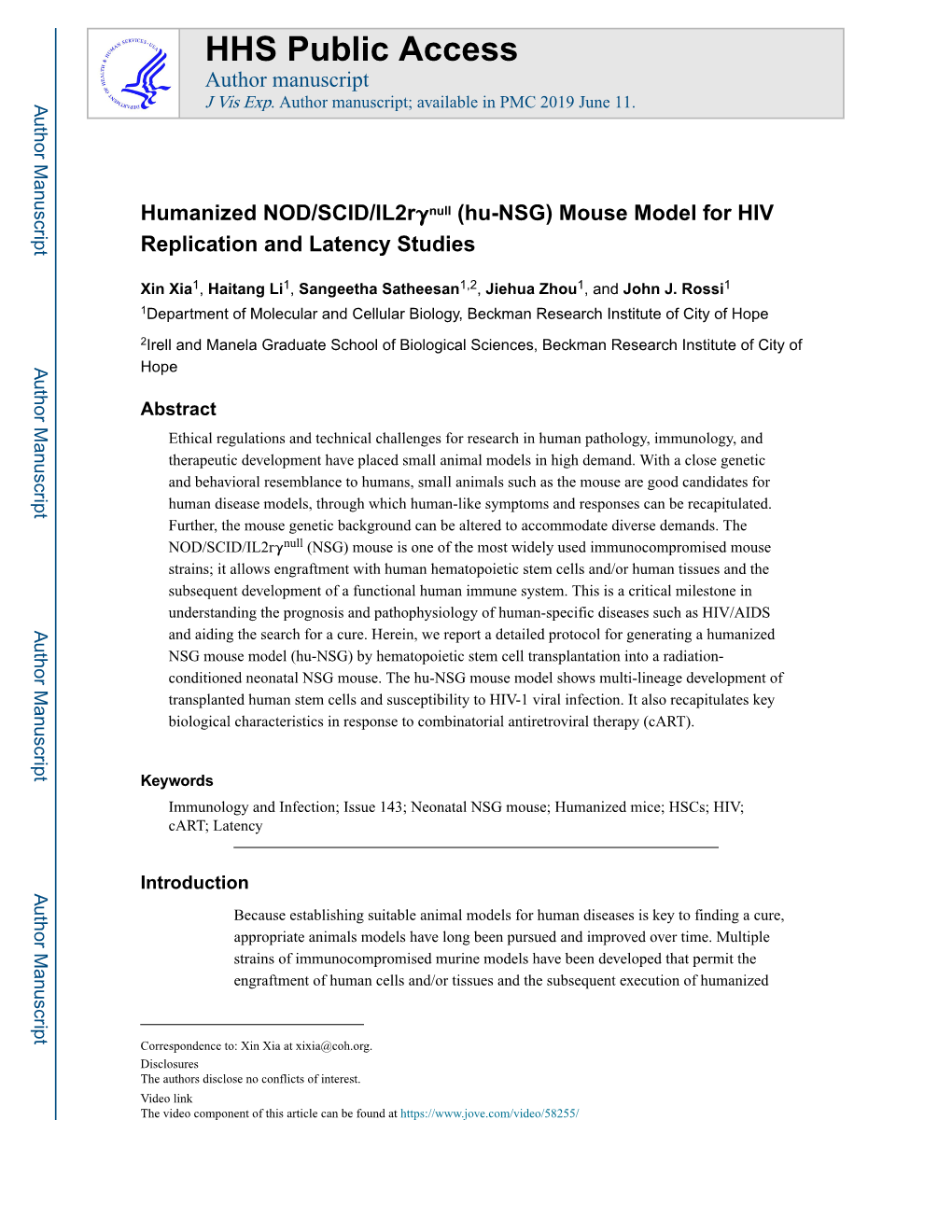 Humanized NOD/SCID/Il2rγnull (Hu-NSG) Mouse Model for HIV Replication and Latency Studies