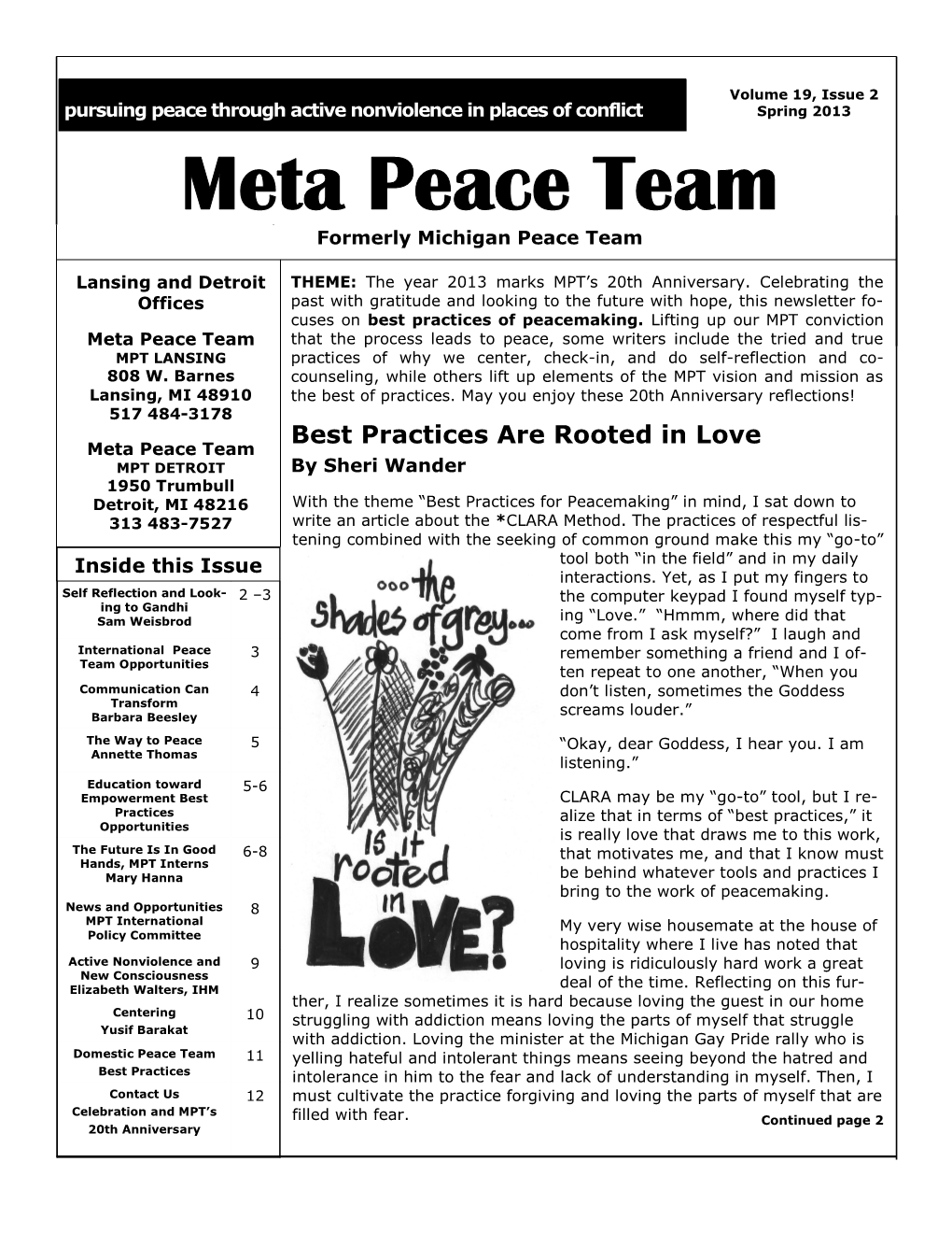 Meta Peace Team Formerly Michigan Peace Team Lansing and Detroit THEME: the Year 2013 Marks MPT’S 20Th Anniversary