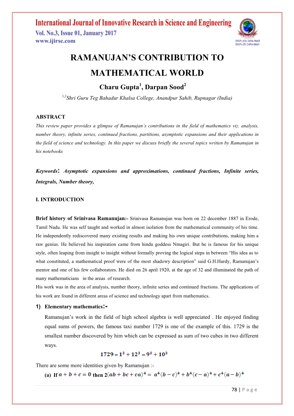 Ramanujan's Contribution to Mathematical World