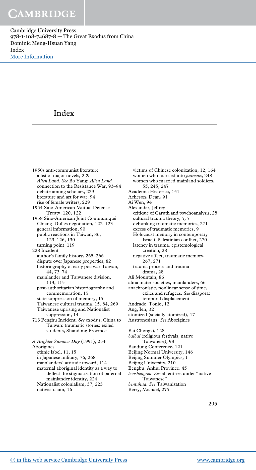 Cambridge University Press 978-1-108-74687-8 — the Great Exodus from China Dominic Meng-Hsuan Yang Index More Information