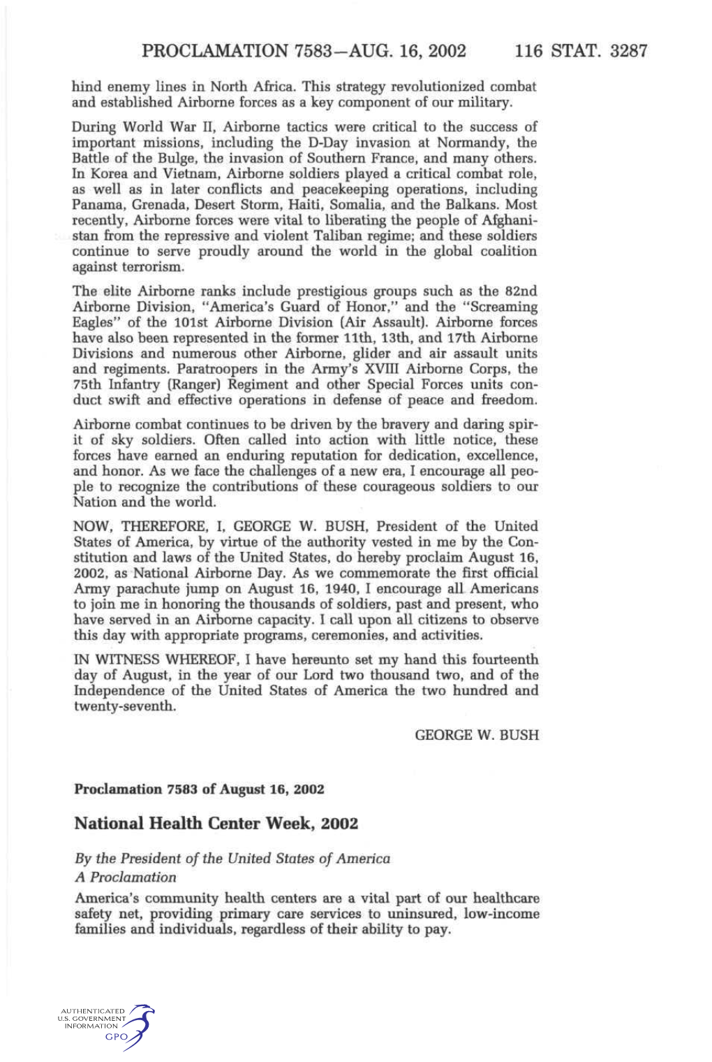 PROCLAMATION 7583-AUG. 16, 2002 116 STAT. 3287 National