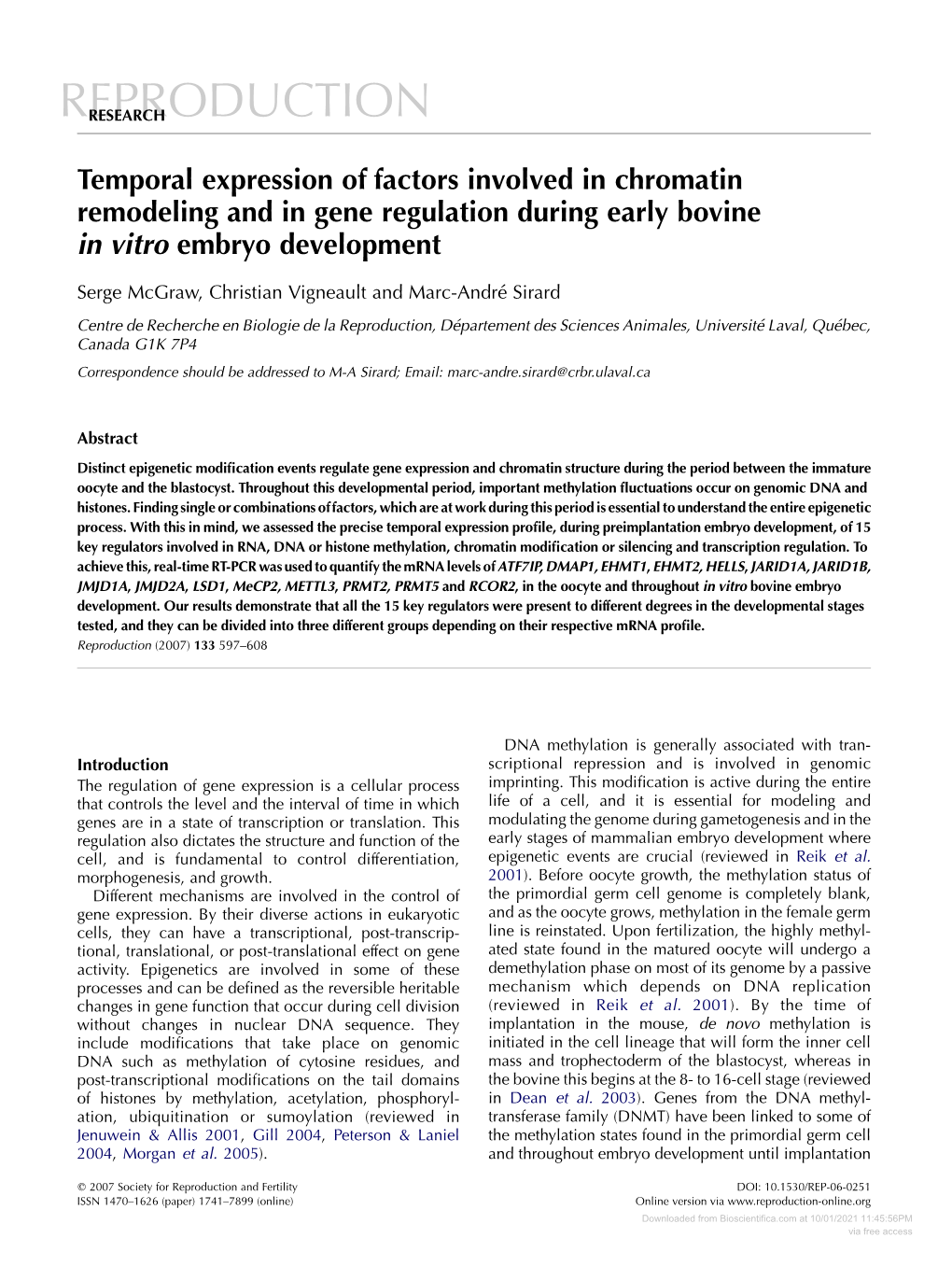 Temporal Expression of Factors Involved in Chromatin Remodeling and in Gene Regulation During Early Bovine in Vitro Embryo Development