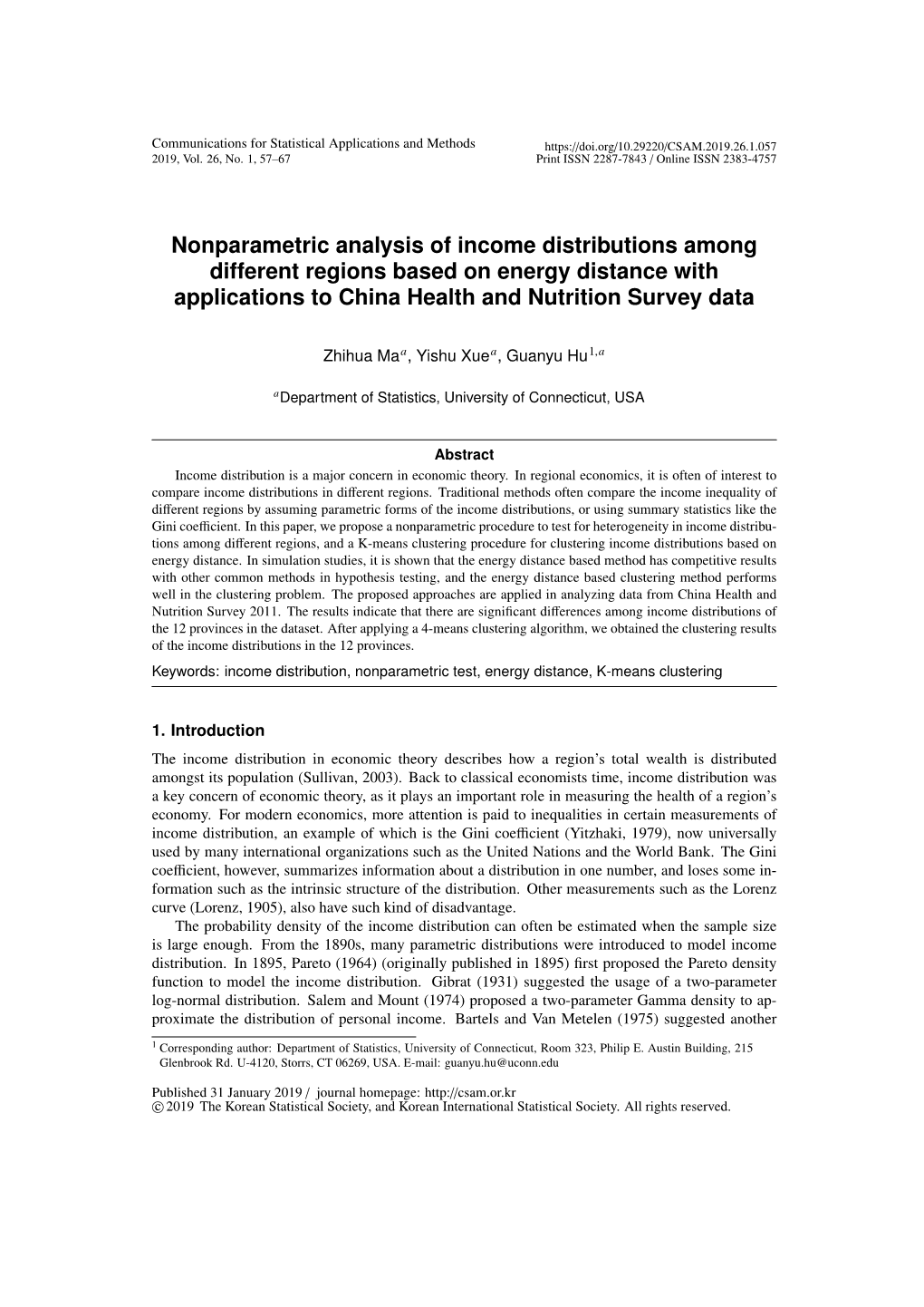 Nonparametric Analysis of Income Distributions Among Different Regions Based on Energy Distance with Applications to China Health and Nutrition Survey Data