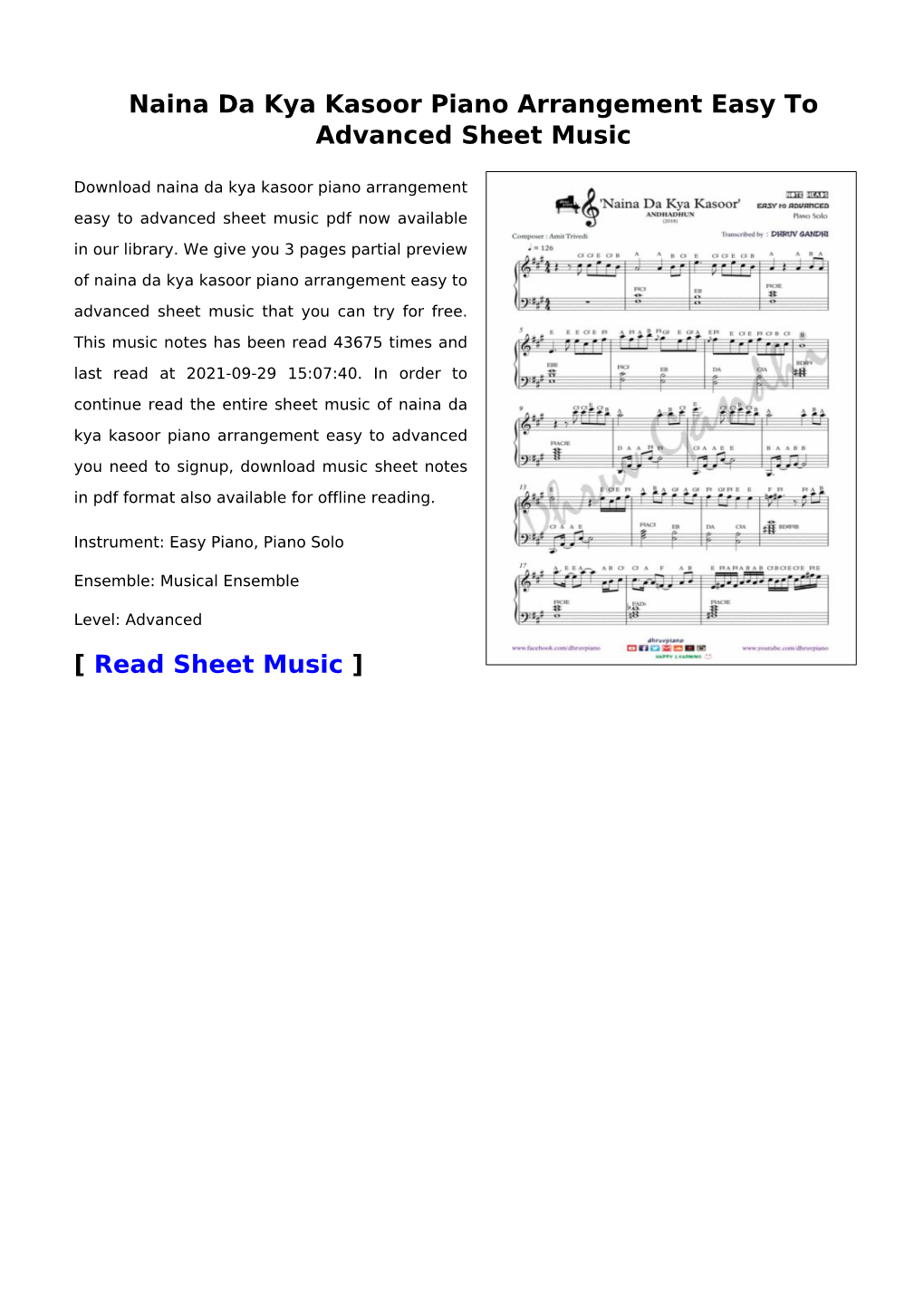 Naina Da Kya Kasoor Piano Arrangement Easy to Advanced Sheet Music