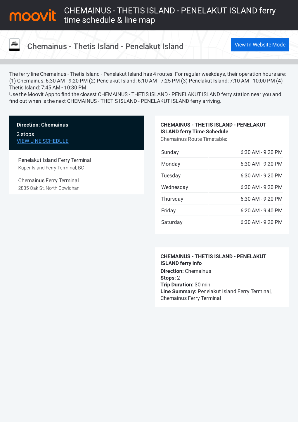 CHEMAINUS - THETIS ISLAND - PENELAKUT ISLAND Ferry Time Schedule & Line Map