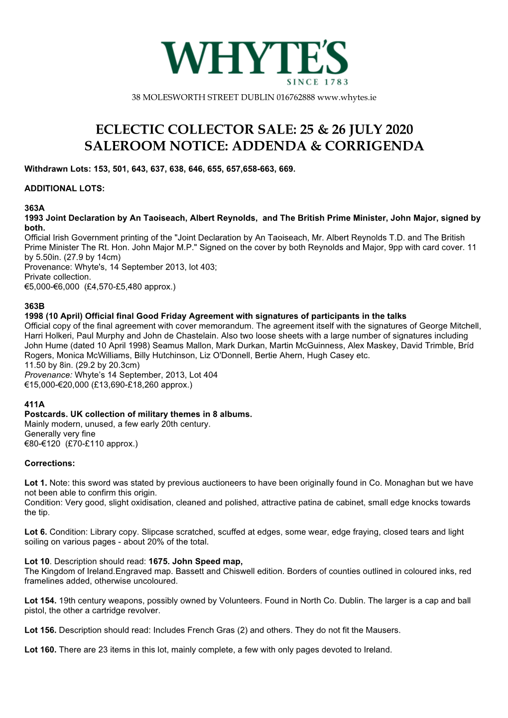 Eclectic Collector Sale: 25 & 26 July 2020 Saleroom Notice