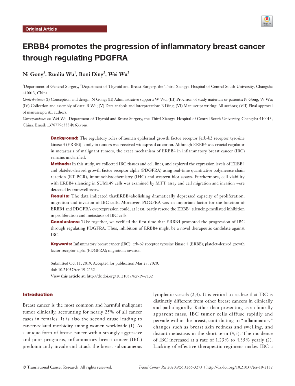 ERBB4 Promotes the Progression of Inflammatory Breast Cancer Through Regulating PDGFRA