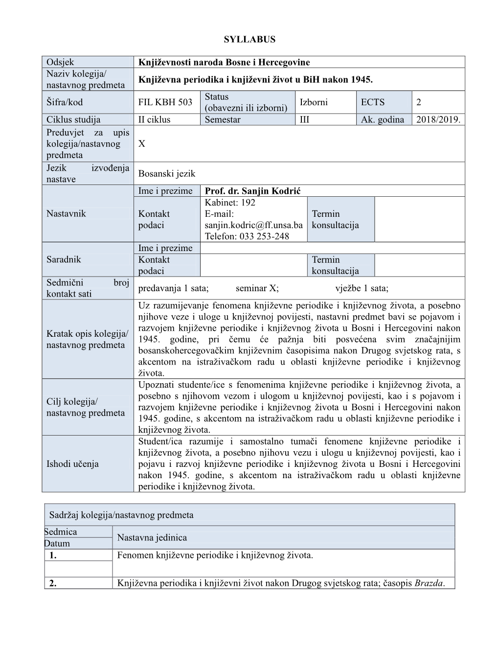 SYLLABUS Odsjek Književnosti Naroda Bosne I Hercegovine Naziv