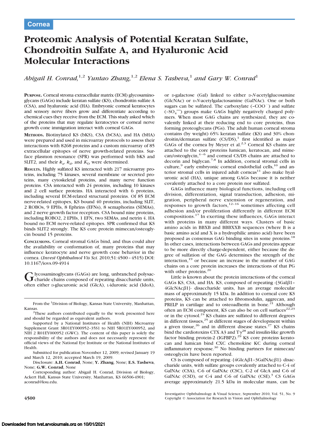 Proteomic Analysis of Potential Keratan Sulfate, Chondroitin Sulfate A, and Hyaluronic Acid Molecular Interactions