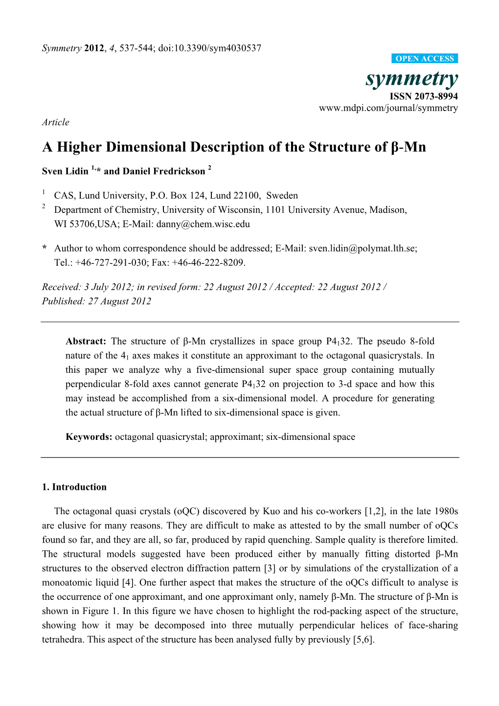 A Higher Dimensional Description of the Structure of Β-Mn