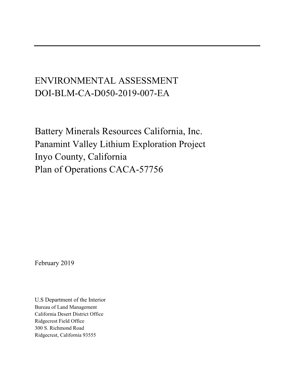 Battery Minerals Resources California, Inc. Inyo County, California Plan of Operations CACA-57756