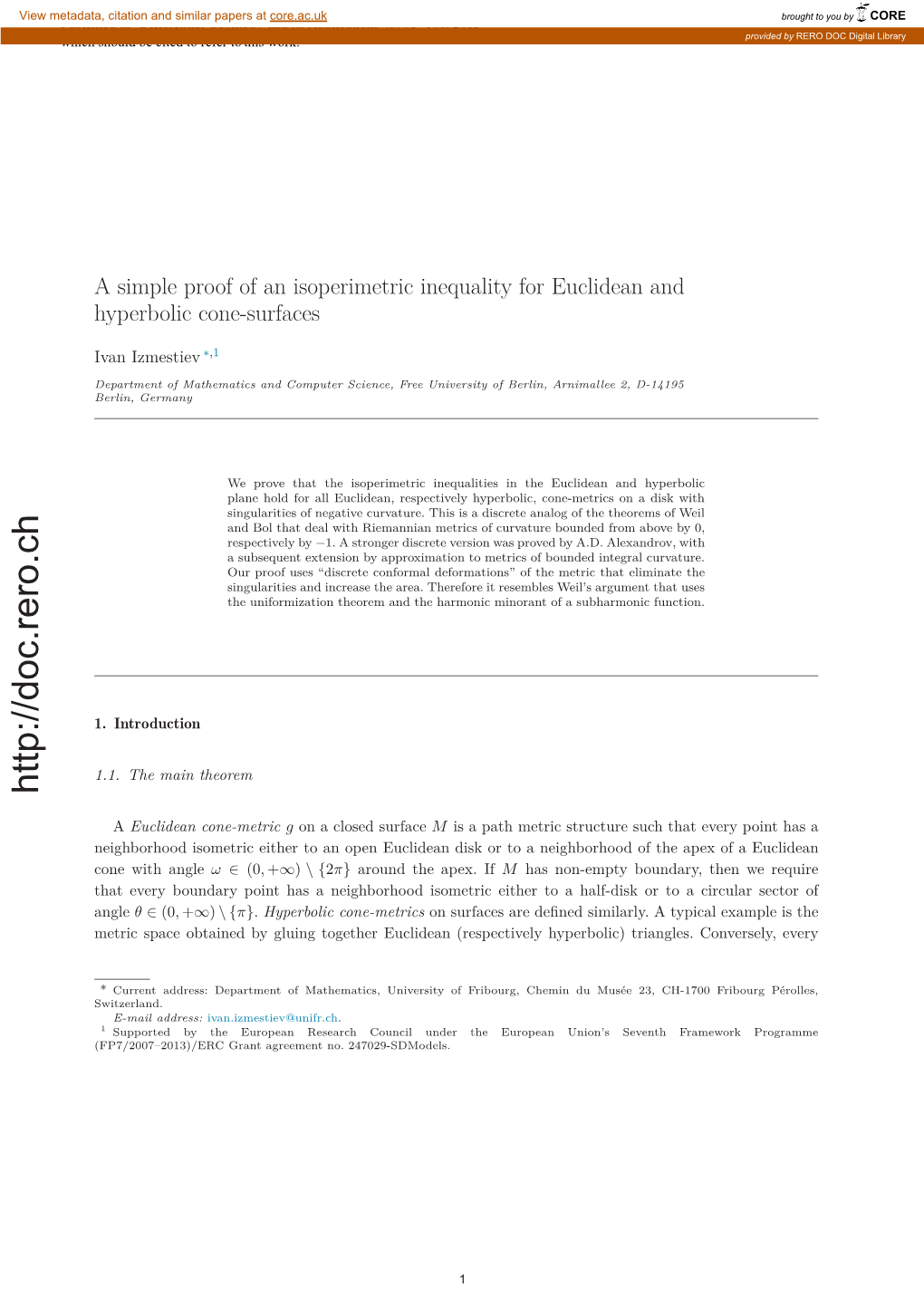 A Simple Proof of an Isoperimetric Inequality for Euclidean and Hyperbolic Cone-Surfaces