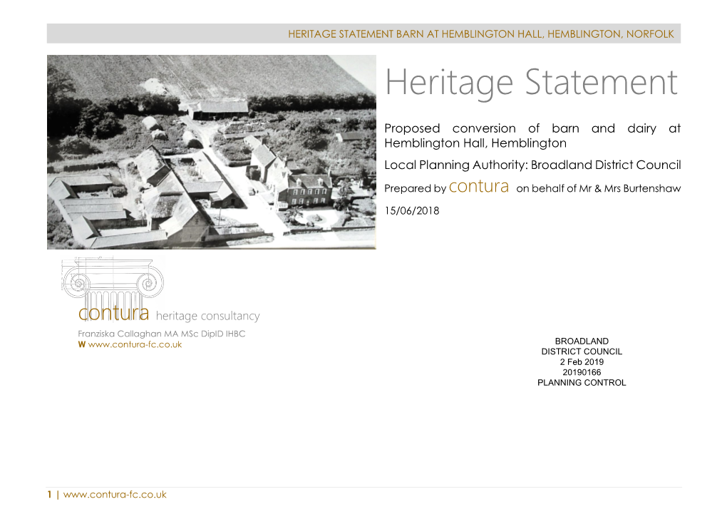 HERITAGE STATEMENT BARN at HEMBLINGTON HALL, HEMBLINGTON, NORFOLK Heritage Statement