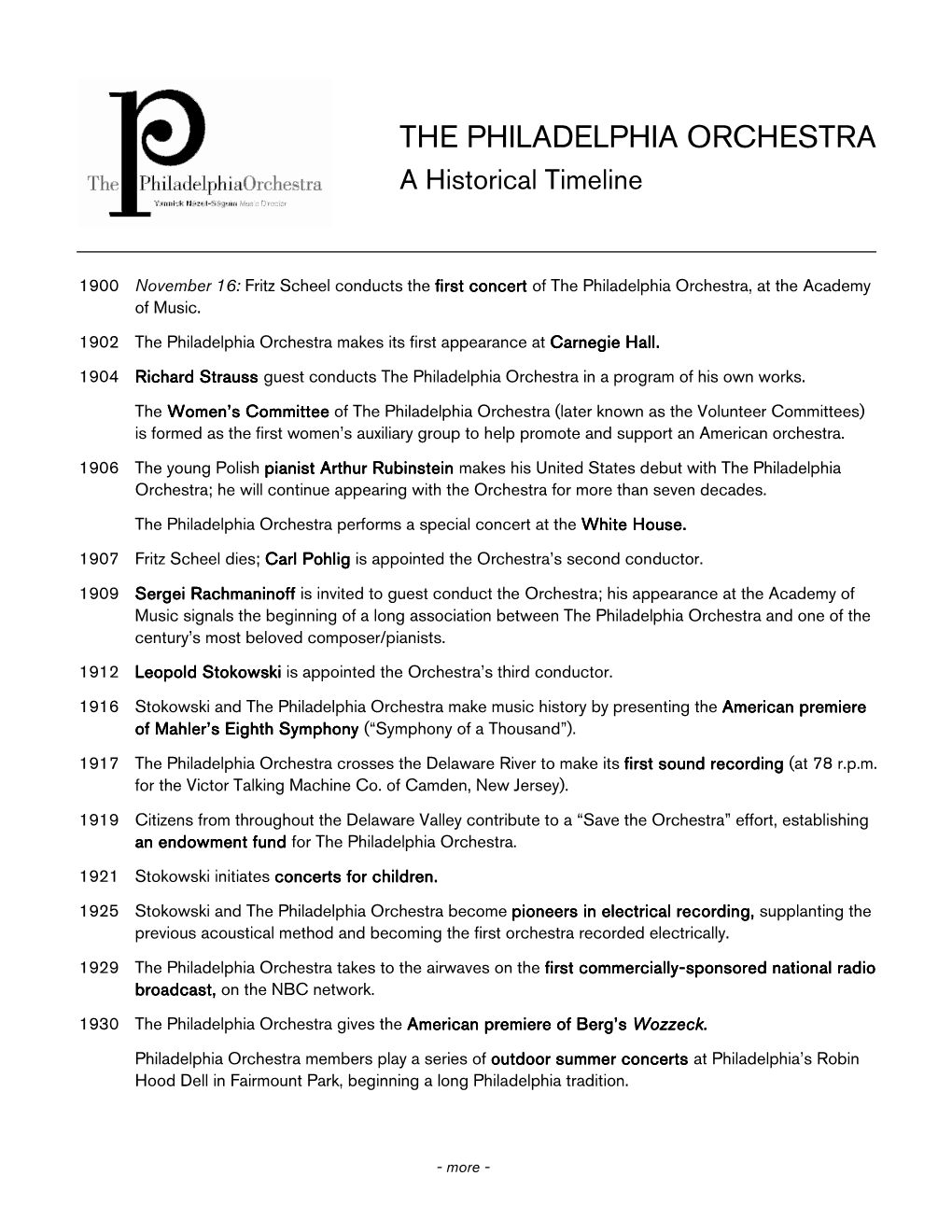 THE PHILADELPHIA ORCHESTRA a Historical Timeline