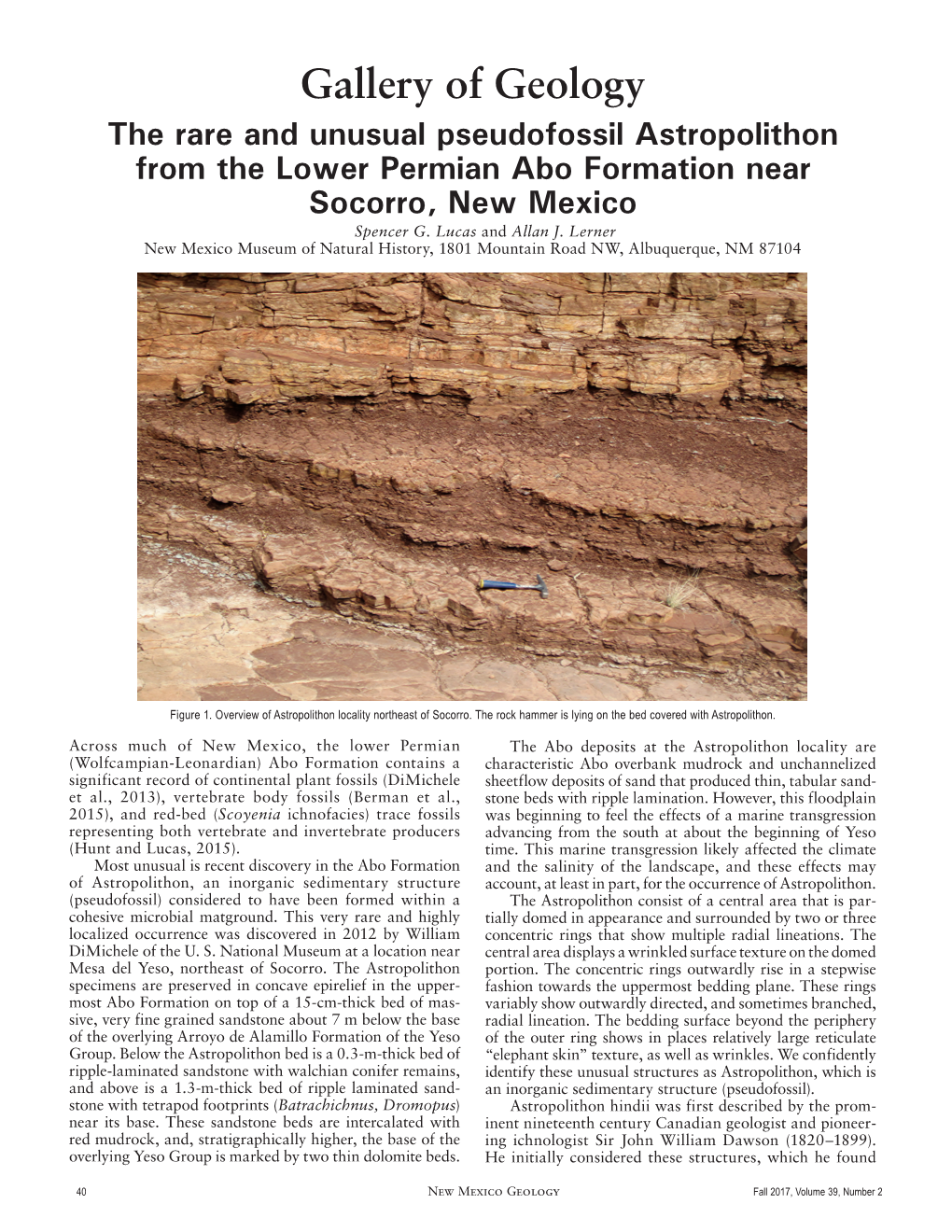 The Rare and Unusual Pseudofossil Astropolithon from the Lower Permian Abo Formation Near Socorro, New Mexico Spencer G